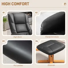 HOMCOM Rocking Recliner Chair with Footstool, PU Leather Recliner Armchair with Wood Base, Upholstered Reclining Chair for Living Room Bedroom, Black - 6