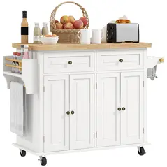 HOMCOM Rolling Kitchen Island Storage Trolley with Rubber Wood Top & Drawers for Dining Room, Cream White - 1