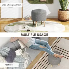 HOMCOM Round Linen-Look Storage Ottoman - Light Grey - 6