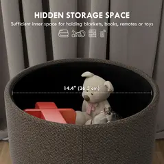 HOMCOM Round Ottoman Stool with Storage, Linen Fabric Upholstered Foot Stool with Padded Seat, Hidden Space and Wood Legs - 4