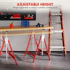 HOMCOM Set of 2 Adjustable Telescopic Builders Trestle, DIY Steel Work Bench Carpenter, Folding Saw Horse Tools Red - 4