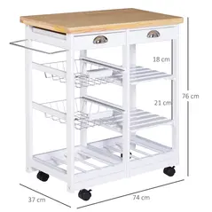 HOMCOM Rolling Kitchen Island Trolley Cart Drawer Shelves Basket Wheels W/  6 Bottle Wine Rack White - 3