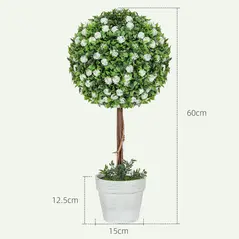 HOMCOM Set of 2 Decorative Artificial Plants, Ball Topiary Tree with Rose Flower in Pot, Fake Plants for Home Indoor Outdoor Decor, 60cm, White - 3