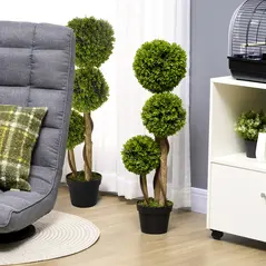 HOMCOM Set of 2 Decorative Artificial Tree Boxwood Ball Topiary Tree in Pot, Fake Plant for Home Indoor Outdoor Decor, 90 cm, Light Green - 2