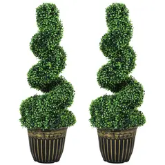 HOMCOM Set of 2 Artificial Plants, Topiary Spiral Boxwood Trees with Pot, for Home Indoor Outdoor Decor, 90cm - 1