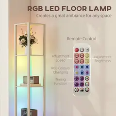 HOMCOM RGB LED Floor Lamp with Shelves, Modern Dimmable Standing Lamp with Remote Control, Adjustable Brightness & Speed for Living Room, Bedroom, Office, Oak - 4