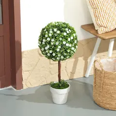 HOMCOM Set of 2 Decorative Artificial Plants, Ball Topiary Tree with Rose Flower in Pot, Fake Plants for Home Indoor Outdoor Decor, 60cm, White - 8