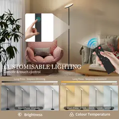 HOMCOM RGB Uplighter Floor Lamp, Tall Dimmable Standing Lamp with Remote & Touch Control, 350° Rotatable Head for Living Room Bedroom, 2700K-6000K Colour Temperatures, Black - 4