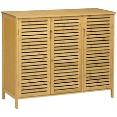 HOMCOM Rustic Shoe Cabinet, 3 Door Shoe Storage Cabinet with 8 Shelves, Natural Wood Finish - 1