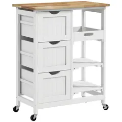 HOMCOM Rolling Kitchen Island Cart, Bar Serving Cart, Compact Trolley on Wheels with Wood Top, Shelves & Drawers for Home Dining Area, White - 1