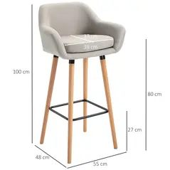 HOMCOM Set of 2 Bar Stools Modern Upholstered Seat Bar Chairs w/ Metal Frame, Solid Wood Legs Living Room Dining Room Fabric Furniture - Beige - 3