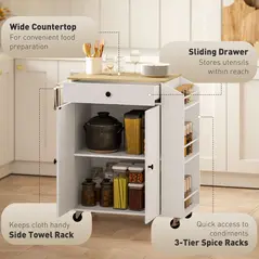 HOMCOM Rolling Kitchen Island with 3-Tier Spice Rack, Kitchen Storage Cart with Drawer and Towel Rack, White - 4