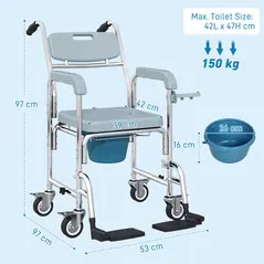 HOMCOM Rolling Shower Wheelchair for Seniors, Bedside Commode Chair with Locking Wheels, Seat, Backrest, Arms, Grey - 3