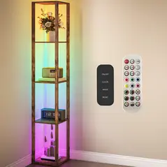 HOMCOM RGB LED Floor Lamp with Shelves, Modern Dimmable Standing Lamp with Remote Control, Adjustable Brightness & Speed for Living Room, Bedroom, Office, Rustic Brown - 9