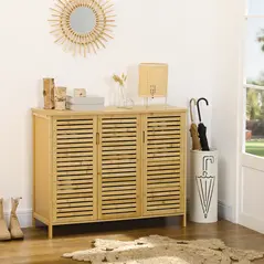 HOMCOM Rustic Shoe Cabinet, 3 Door Shoe Storage Cabinet with 8 Shelves, Natural Wood Finish - 2