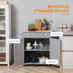 HOMCOM Rolling Kitchen Island on Wheels, Utility Serving Cart with Rubber Wood Top, Towel Rack, Hooks and Storage Drawers, Grey - 4