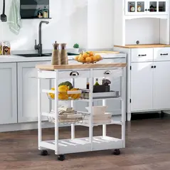 HOMCOM Rolling Kitchen Island Trolley Cart Drawer Shelves Basket Wheels W/  6 Bottle Wine Rack White - 4