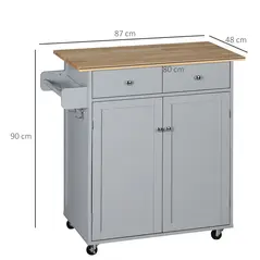 HOMCOM Rolling Kitchen Island on Wheels, Utility Serving Cart with Rubber Wood Top, Towel Rack, Hooks and Storage Drawers, Grey - 3