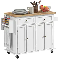 HOMCOM Rolling Kitchen Island Storage Trolley with Rubber Wood Top & Drawers for Dining Room, White - 1