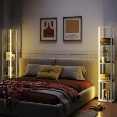 HOMCOM RGB LED Floor Lamp with Shelves, Modern Dimmable Standing Lamp with Remote Control, Adjustable Brightness & Speed for Living Room, Bedroom, Office, Oak - 2