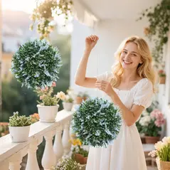 HOMCOM Set of 2 Artificial Plant Topiary Balls, UV-protected Fake Decorative Plants, Blue - 2