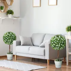 HOMCOM Set of 2 Decorative Artificial Plants, Ball Topiary Tree with Rose Flower in Pot, Fake Plants for Home Indoor Outdoor Decor, 60cm, White - 6