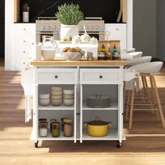 HOMCOM Rolling Kitchen Island Storage Trolley with Rubber Wood Top & Drawers for Dining Room, Cream White - 8