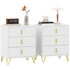 HOMCOM Set of 2 Elegant Chest of Three Drawers - White/Gold-Tone - 1