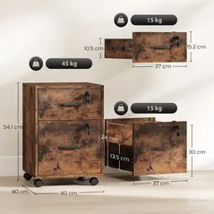HOMCOM Rolling File Cabinet with 2 Drawers, Mobile Filing Cabinet with Hanging File Folder for Letter Sized Documents, Rustic Brown - 3
