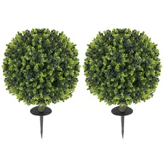 HOMCOM Set of 2 40 cm Artificial Boxwood Topiary Ball Bush with Integrated Ground Stake, Indoor Outdoor UV Resistant Faux Greenery, Faux Plants for Garden, Porch, Balcony - 1