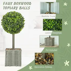 HOMCOM Set of 2 Decorative Artificial Plants, 50cm Faux Boxwood Topiary Balls with Woven Plastic Pot and Pebbles, Fake Plants for Home or Office Decor, Green - 4