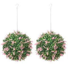 HOMCOM Set of 2 Artificial Plant Topiary Balls, UV-protected Fake Decorative Plants, Pink - 1