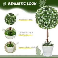 HOMCOM Set of 2 Decorative Artificial Plants, Ball Topiary Tree with Rose Flower in Pot, Fake Plants for Home Indoor Outdoor Decor, 60cm, White - 4