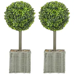 HOMCOM Set of 2 Decorative Artificial Plants, 50cm Faux Boxwood Topiary Balls with Woven Plastic Pot and Pebbles, Fake Plants for Home or Office Decor, Green - 1
