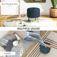 HOMCOM Round Linen-Look Storage Ottoman - Blue - 6