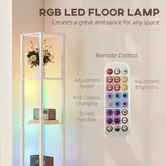 HOMCOM RGB LED Floor Lamp with Shelves, Modern Dimmable Standing Lamp with Remote Control, Adjustable Brightness & Speed for Living Room, Bedroom, Office, White - 5