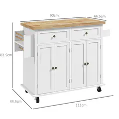 HOMCOM Rolling Kitchen Island Storage Trolley with Rubber Wood Top & Drawers for Dining Room, White - 3