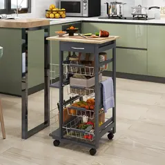 HOMCOM Rolling Kitchen Cart, Utility Storage Cart with 4 Basket Drawers & Side Racks, Wheels for Dining Room, Grey - 2