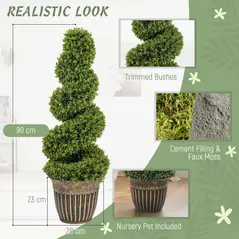 HOMCOM Set of 2 Artificial Plants, Topiary Spiral Boxwood Trees with Pot, for Home Indoor Outdoor Decor, 90cm - 4