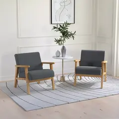 HOMCOM Set of 2 Accent Armchair, Living Room Chair, Wooden Upholstered Single Lounge Chair with Rubber Wood Legs and Padded Seat, Leisure Sofa Chair for Bedroom Office, Dark Grey - 2