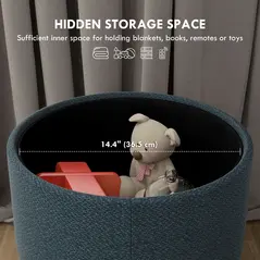 HOMCOM Round Linen-Look Storage Ottoman - Blue - 4