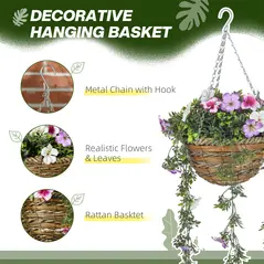 HOMCOM Set of 2 Artificial Silk Azalea Flowers, Hanging Planters with Basket, Faux Plants for Home Indoor Outdoor Decor, Pink and White - 4
