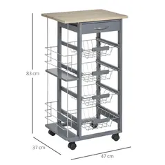 HOMCOM Rolling Kitchen Cart, Utility Storage Cart with 4 Basket Drawers & Side Racks, Wheels for Dining Room, Grey - 3