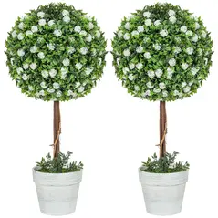 HOMCOM Set of 2 Decorative Artificial Plants, Ball Topiary Tree with Rose Flower in Pot, Fake Plants for Home Indoor Outdoor Decor, 60cm, White - 1