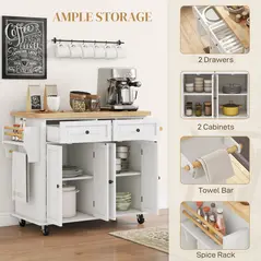 HOMCOM Rolling Kitchen Island Storage Trolley with Rubber Wood Top & Drawers for Dining Room, Cream White - 6