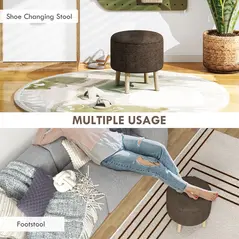 HOMCOM Round Ottoman Stool with Storage, Linen Fabric Upholstered Foot Stool with Padded Seat, Hidden Space and Wood Legs - 6