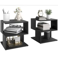 HOMCOM Set of 2 Side Table Square Coffee Table, Modern End Table with 2 Tier Storage Shelves for Living Room, Bedroom, Black - 1