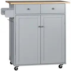 HOMCOM Rolling Kitchen Island on Wheels, Utility Serving Cart with Rubber Wood Top, Towel Rack, Hooks and Storage Drawers, Grey - 1