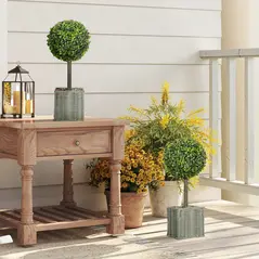 HOMCOM Set of 2 Decorative Artificial Plants, 50cm Faux Boxwood Topiary Balls with Woven Plastic Pot and Pebbles, Fake Plants for Home or Office Decor, Green - 8