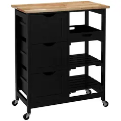 HOMCOM Rolling Kitchen Island Cart, Bar Serving Cart, Compact Trolley on Wheels with Wood Top, Shelves & Drawers for Home Dining Area, Black - 1